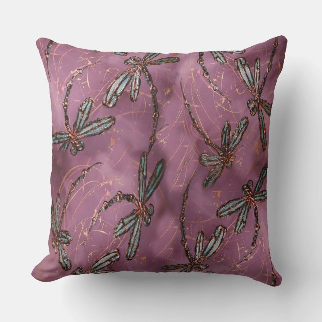Dragonfly Flit Dusky Rose Throw Pillow (Front)