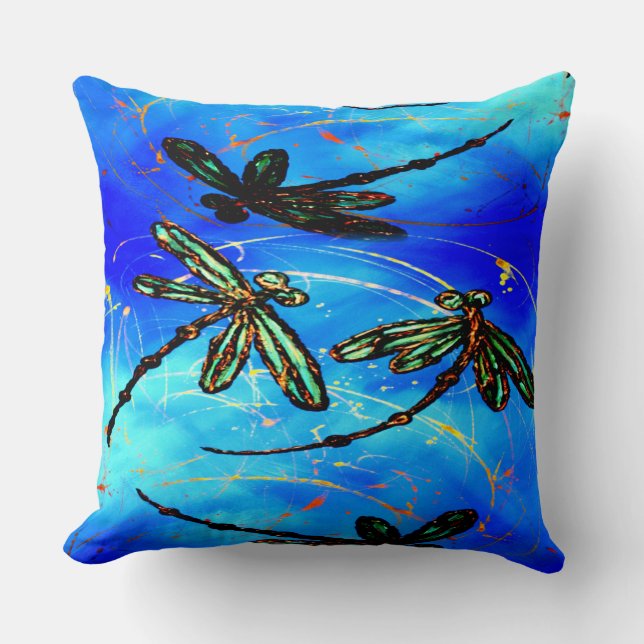 Dragonfly Flit Electric Blue Throw Pillow (Front)