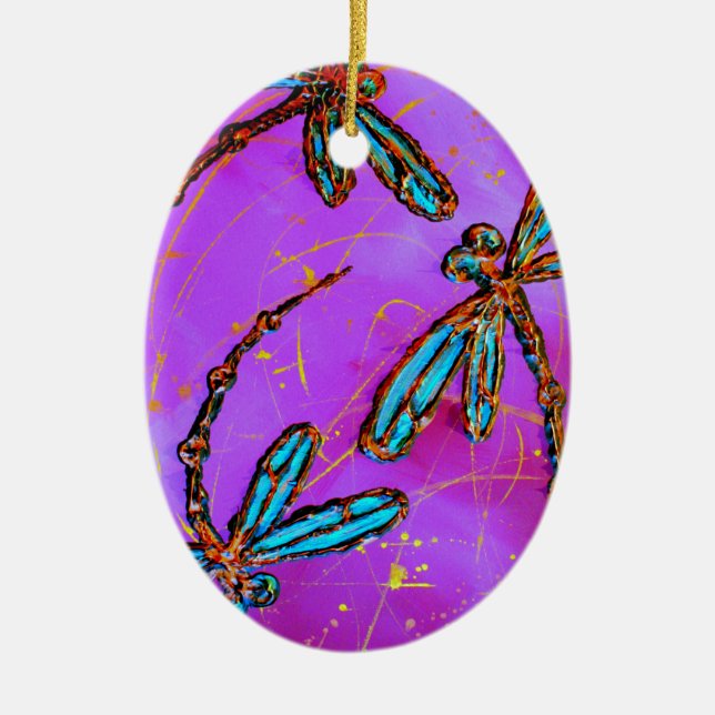 Dragonfly Flit Electric Pink Ceramic Ornament (Front)