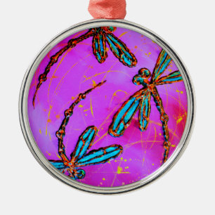 Dragonfly Flit Electric Pink Metal Ornament