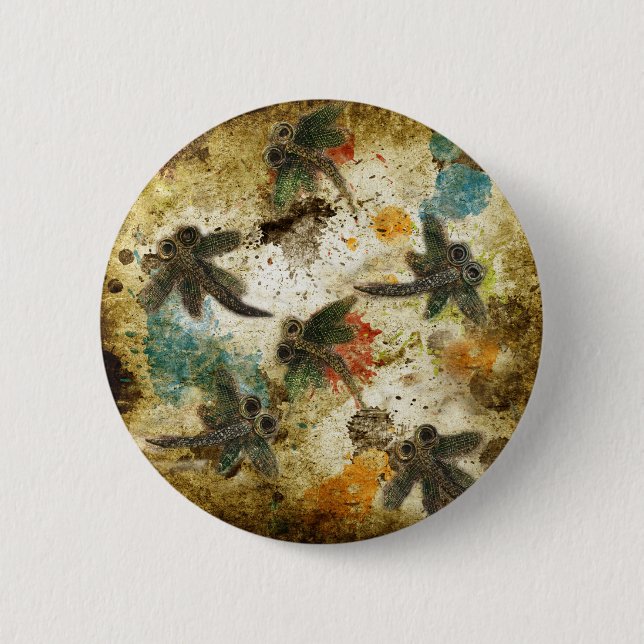 Dragonfly Flit Rustic Splash 2 Inch Round Button (Front)