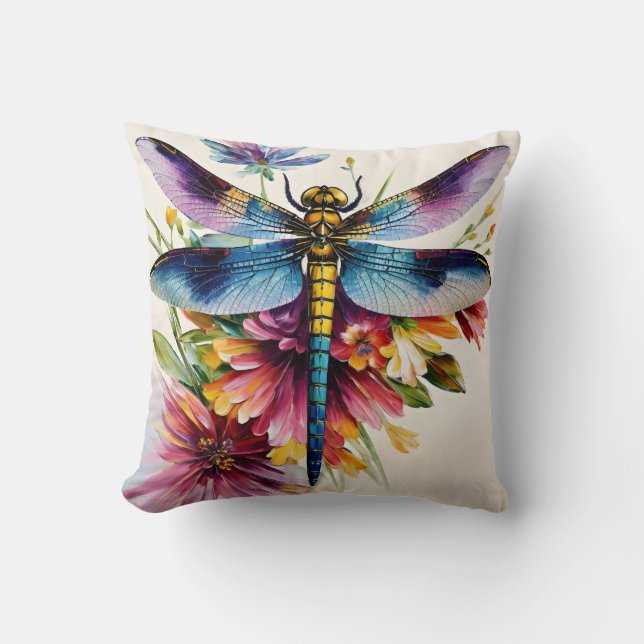 Dragonfly Floral Multicolor Art Throw Pillow (Front)