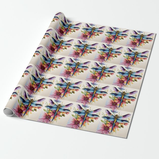 Dragonfly Floral Multicolor Art Wrapping Paper (Unrolled)