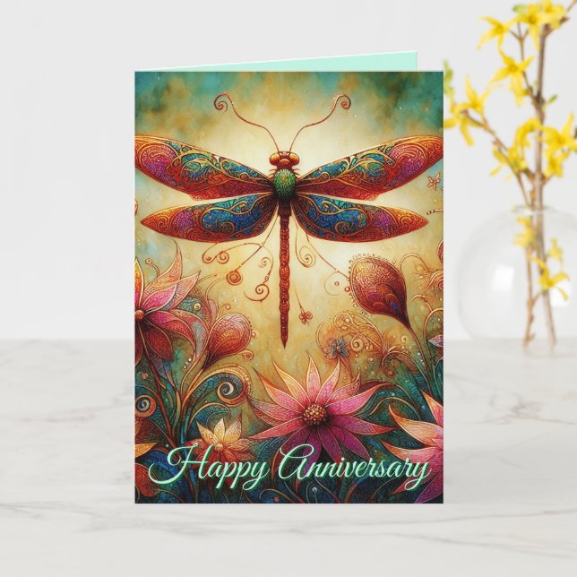 Dragonfly Floral Personalized Anniversary Card (Yellow Flower)