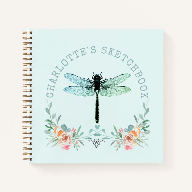 Dragonfly Floral Personalized Sketchbook Notebook (Front)