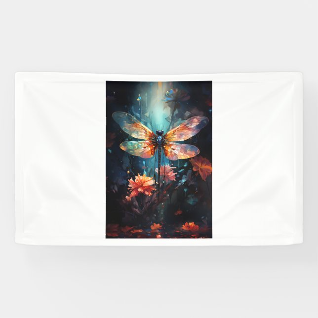Dragonfly Flower Art - Stained Glass Banner (Horizontal)