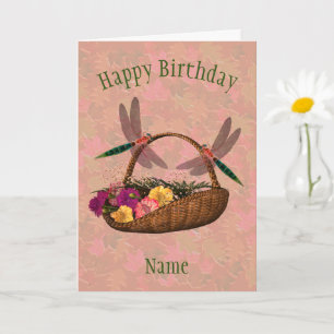 Dragonfly Flower Basket Art Personalized Birthday  Card
