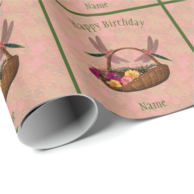 Dragonfly Flower Basket Art Personalized Birthday  Wrapping Paper (Roll Corner)