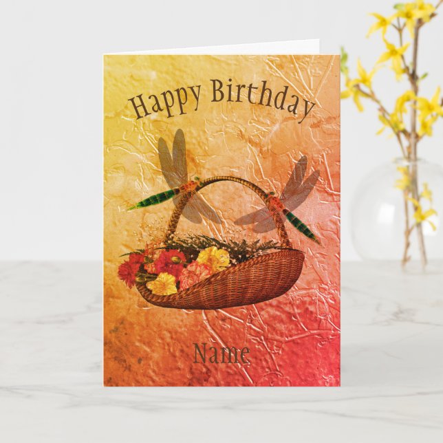 Dragonfly Flower Basket Personalized Birthday Card (Yellow Flower)
