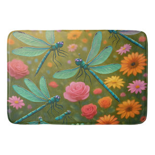 Dragonfly Flowers Bath Mat