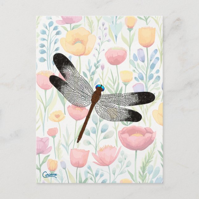 Dragonfly & Flowers - Carte postale (Devant)
