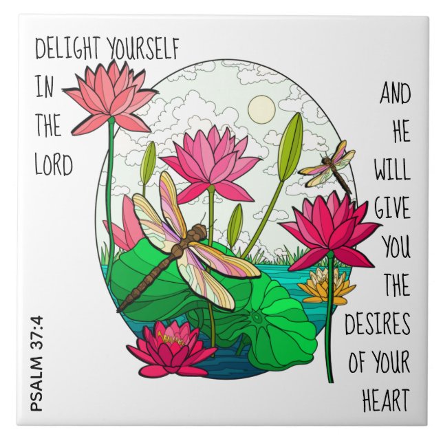 Dragonfly & Flowers, w verse from Psalm 37:4 Tile (Front)