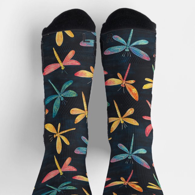 Dragonfly Flying Bug Chalk Drawing Pattern Black Socks (Top)