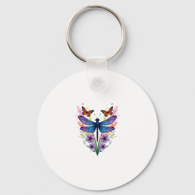 Dragonfly For Women Chakra Color Flower Dragonflie Keychain (Front)