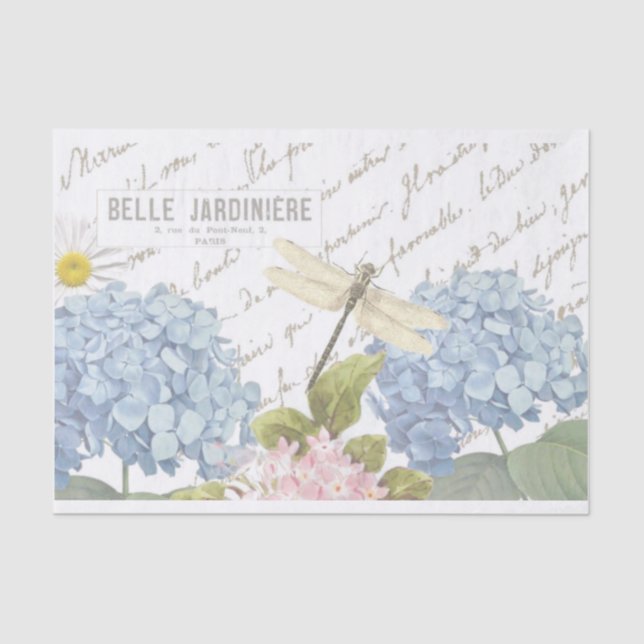 Dragonfly French Script Blue Pink Hydrangea Flower Tissue Paper (Front)