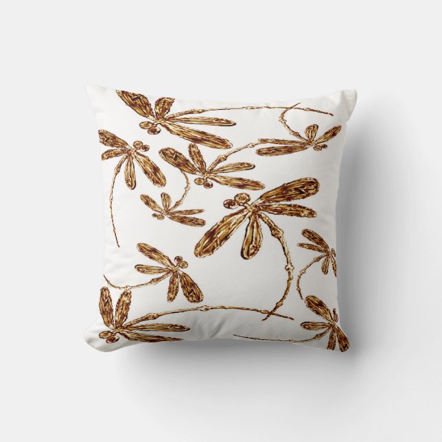 Dragonfly Frenzy Gold Throw Pillow (Front)