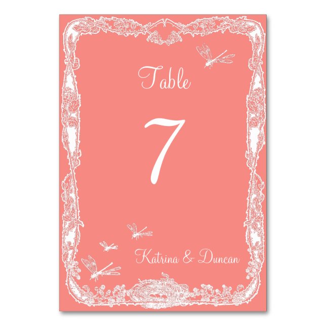 Dragonfly Garden Coral Personalized Table Card (Front)