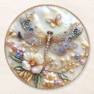 Dragonfly Gems Pearls Butterflies Flowers Round Paper Coaster
