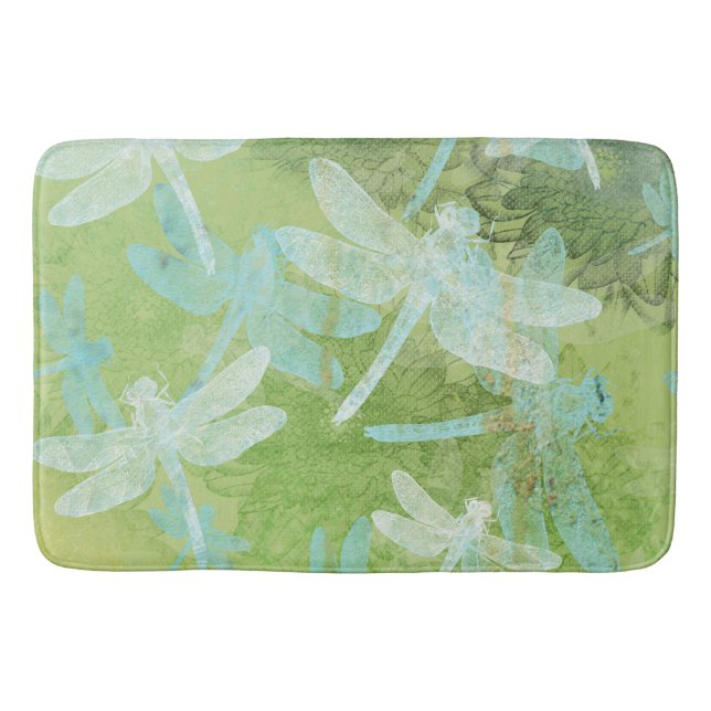 Dragonfly Green Teal Pattern Bath Mat (Front)