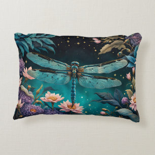 Dragonfly in a floral garden at night accent pillow