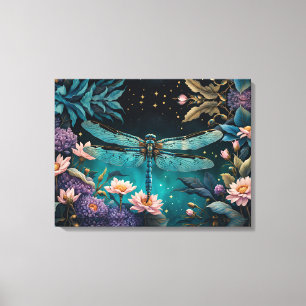 Dragonfly in a floral garden at night canvas print