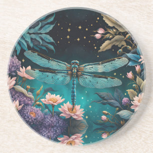 Dragonfly in a floral garden at night coaster
