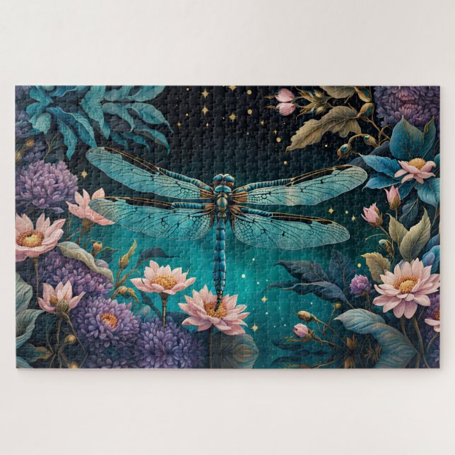 Dragonfly in a floral garden at night jigsaw puzzle (Horizontal)