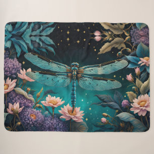 Dragonfly in a floral garden at night sherpa blanket