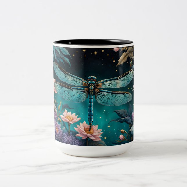 Dragonfly in a floral garden at night Two-Tone coffee mug (Center)