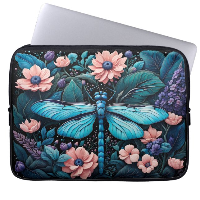Dragonfly in a flower garden at night laptop sleeve (Front)
