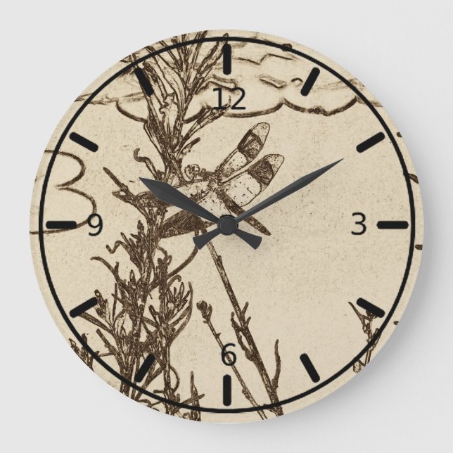 Dragonfly in Flight Near Pond Sketch Large Clock (Front)
