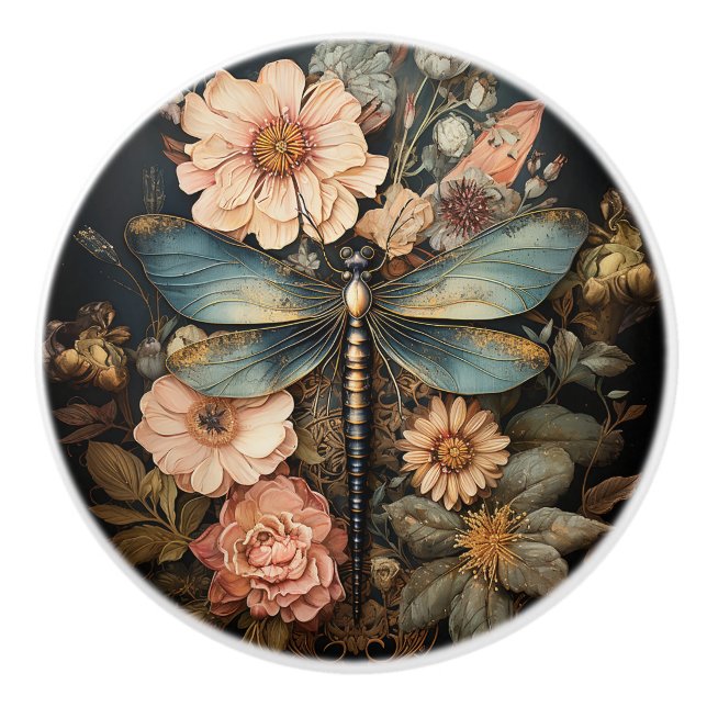 Dragonfly in Flowers Ceramic Knob (Front)