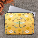 Dragonfly in Gold with Name  Laptop Sleeve<br><div class="desc">Dragonfly in Gold Tote Bag. This design is a beautiful arrangement of a light green dragonfly with white and yellow flowers on a golden background. Easy to edit with your name in space provided. Make a special gift for anyone loving dragonflies or nature.</div>