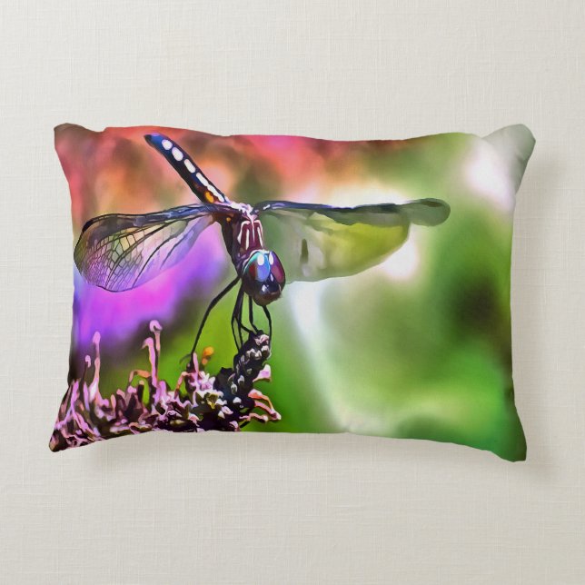Dragonfly In Green and Blue Realistic Painting Accent Pillow (Back)