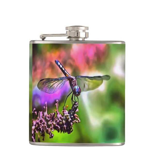 Dragonfly In Green and Blue Realistic Painting Hip Flask (Front)