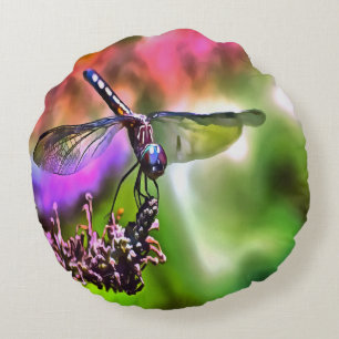 Dragonfly In Green and Blue Realistic Painting Round Pillow