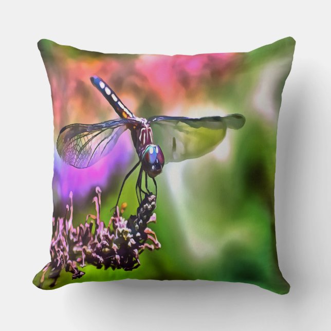 Dragonfly In Green and Blue Realistic Painting Throw Pillow (Front)