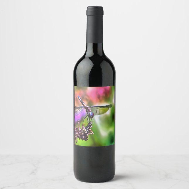 Dragonfly In Green and Blue Realistic Painting Wine Label (Front)