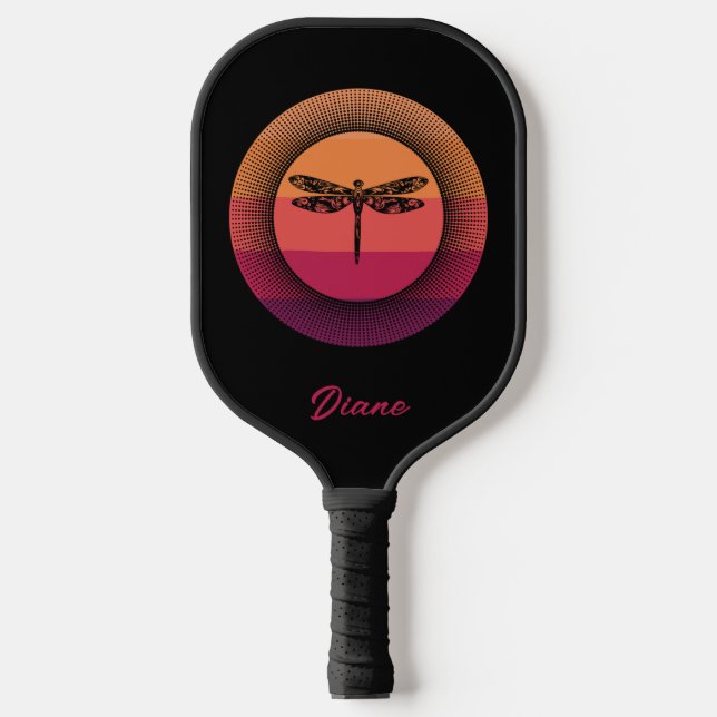 Dragonfly in Retro Sunset with Name Pickleball Paddle (Front)