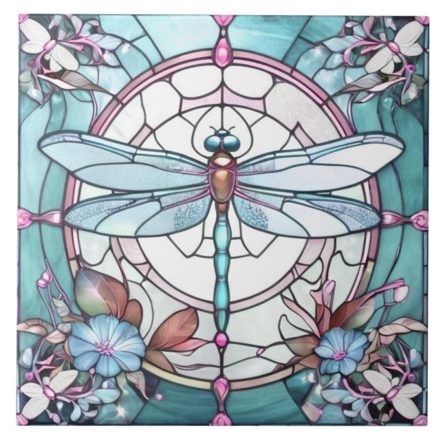 Dragonfly Light Blue and White Stained Glass Tile (Front)