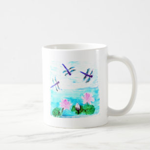 Dragonfly, Lily Flowers Pond Painting Coffee Mug