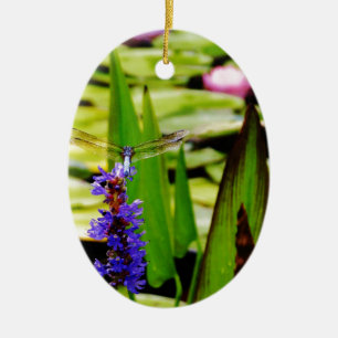 Dragonfly lotus and purple flower ceramic ornament