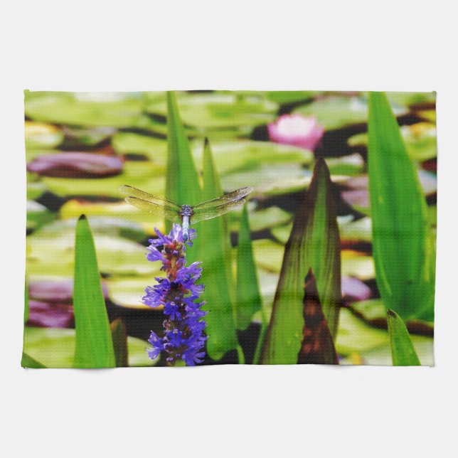 Dragonfly lotus and purple flower kitchen towel (Horizontal)