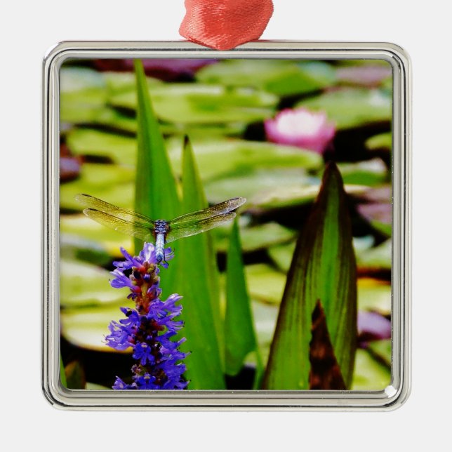 Dragonfly lotus and purple flower metal ornament (Front)
