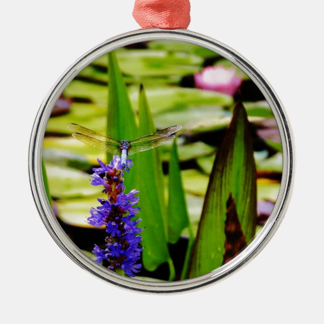 Dragonfly lotus and purple flower metal ornament (Front)