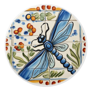 Dragonfly Mediterranean Insect Yellow & Blue Folk Ceramic Knob