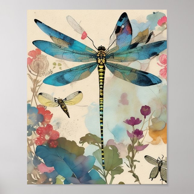Dragonfly Mixed Media Collage Ephemera Decoupage Poster (Front)