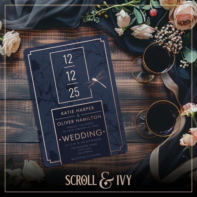 Dragonfly & Moderne Blue Floral Foil Invitation (Créateur téléchargé)