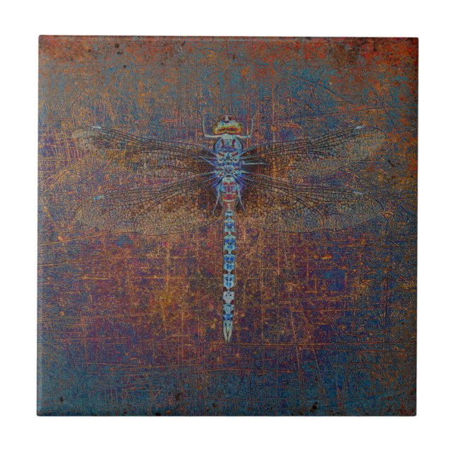 Dragonfly on a Distressed Multicolor Background Tile (Front)