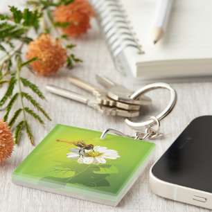 Dragonfly On A Flower Keychain